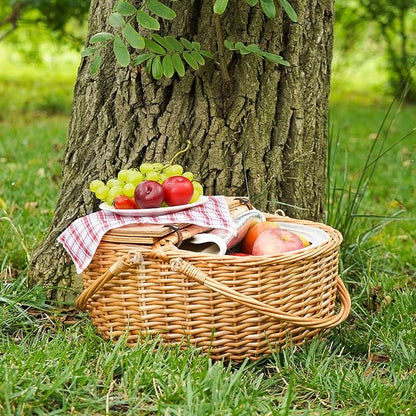 Wicker Picnic Basket with Cooler, Wooden Split Lid Picnic Basket, Vintage-Style Wicker Picnic Hamper with Folding Woven Handle for Picnic, Camping, Outdoor, Valentine Day, Thanks Giving, Birthday