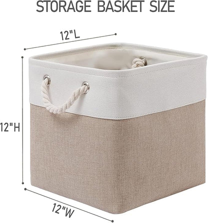 12 x 12 Inch Cube Storage Bins, 6 Pack Large Collapsible Fabric Storage Bin with Ropes, Foldable Storage Cubes for Home, Office,Closet, Clothes, Toys Organizer (White & Beige)
