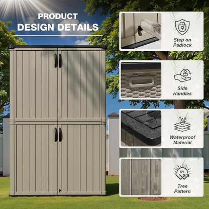 Greesum Outdoor Storage Shed Without Divider, 45 cu.ft Outdoor Waterproof Storage Cabinet for Garden Tools, Pool Storage, Garbage Cans, Beige