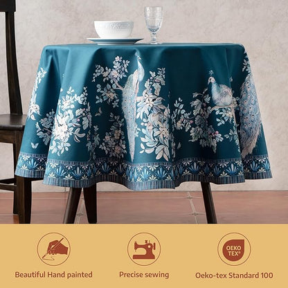 Maison d' Hermine Premium Table Cloth Round Table 100% Combed Cotton 70" Diameter Inches Tablecloth Reusable Decorative for Dining Room, Farmhouse, Party, Festive & Wedding - Peacock Utopia - Deep Sea