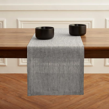 Solino Home Linen Table Runner 36 Inches - Narrow Stripe 100% Pure Linen Black and White Farmhouse Table Runner 14 x 36 Inch Ideal for Dresser and Coffee Tables - Winter, Spring, Easter