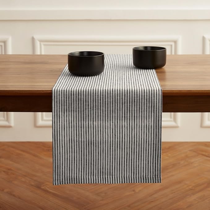Solino Home Linen Table Runner 120 Inches Long - Narrow Stripe, 100% Pure Linen Black and White Table Runner 14 x 120 Inch for Dining, Winter, Spring, Easter