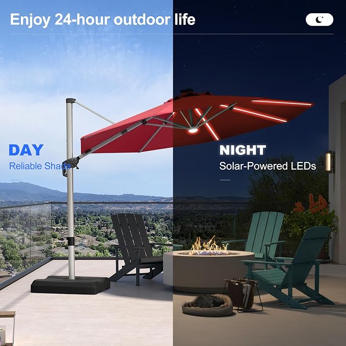 PURPLE LEAF Cantilever Patio Umbrella 11ft Round Solar LED Light, Terra | - Image 7