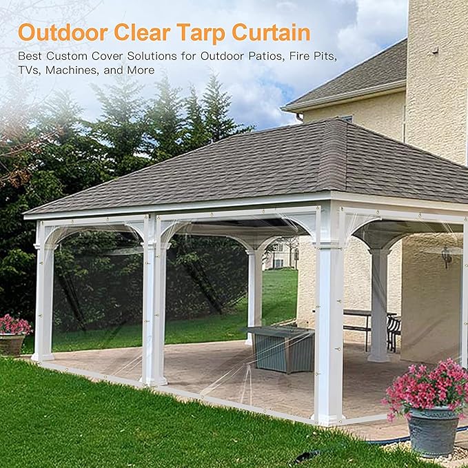 8 x 12FT Outdoor Clear Tarp Curtain Waterproof Wind-Proof 24 Mil Transparent Vinyl Tarp for Patio Pergola Garden Canopy Rainproof Anti-Tear PVC Thick Cover with Grommets