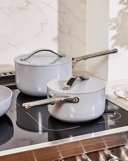 Caraway Nonstick Ceramic Sauce Pan with Lid (3 qt) - Non Toxic, PTFE & PFOA Free - Oven Safe & Compatible with All Stovetops (Gas, Electric & Induction) - Marigold