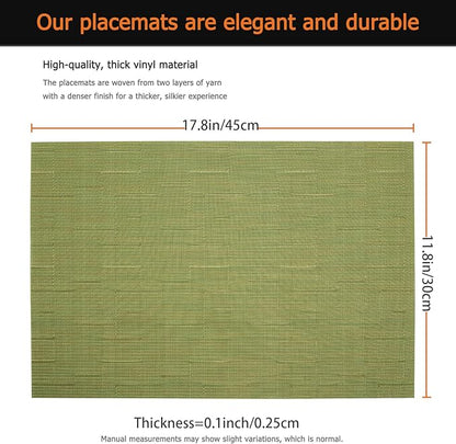 Placemats Set of 12 Washable&Wipeable Place mats for Dining Table Kitchen Indoor Outdoor Table Mats Heat Resistant Non Slip Woven Vinyl Table Placemats (Green，12PCS)