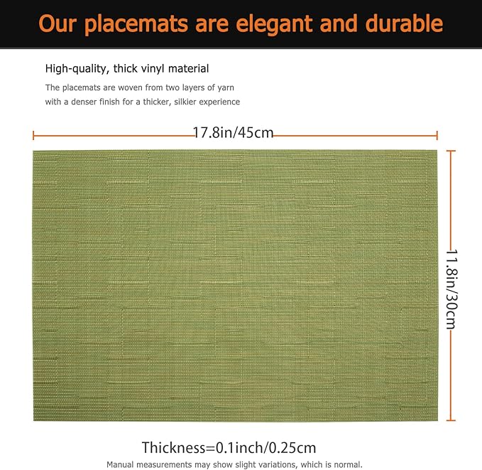 Placemats Set of 6 Washable&Wipeable Place mats for Dining Table Kitchen Indoor Outdoor Table Mats Heat Resistant Non Slip Woven Vinyl Table Placemats (Green，6PCS)