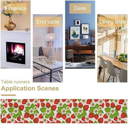 Spring Strawberry Table Runner, Floral Strawberries Flowers Leaf Season Inspirational Design Table Runner for Kitchen Dining Party Holiday Home 13x60in