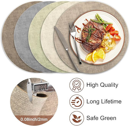 Round Faux Leather Placemats and Coasters, Set of 4, Reversible Heat Resistant Non-Slip Table Mats, Waterproof Wipeable Place Mats for Dining Table, Washable for Indoor & Outdoor (4, Light Brown)
