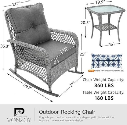Patio Furniture Set 3 Pieces, Wicker Outdoor Rocking Bistro Set, Backyard or - Image 7