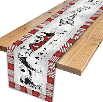Farmhouse Cow Table Runner, Rustic Red Plaid Animals Buffalo Coffee Table Center Decor for Family Kitchen Dining Room and Living Room Outdoor Country Holiday Party Table Decorations, 13" X 108"