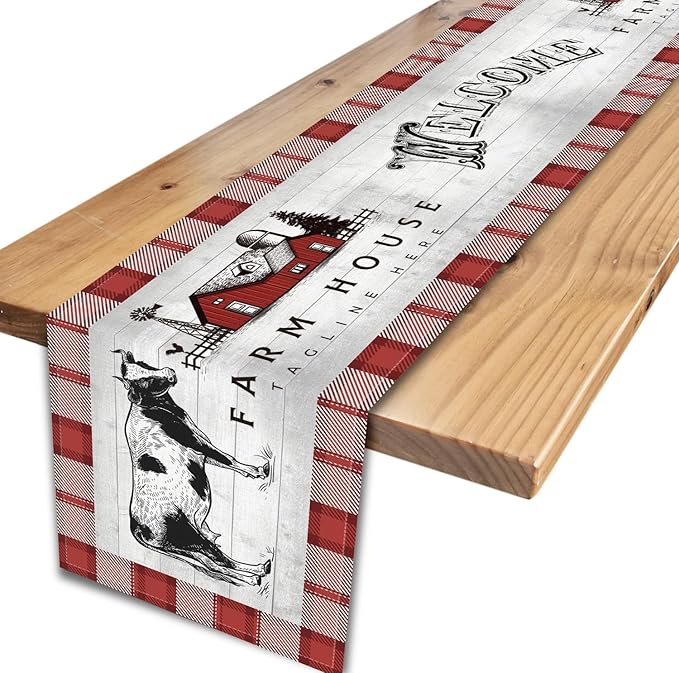 Farmhouse Cow Table Runner, Rustic Red Plaid Animals Buffalo Coffee Table Center Decor for Family Kitchen Dining Room and Living Room Outdoor Country Holiday Party Table Decorations, 13" X 72"