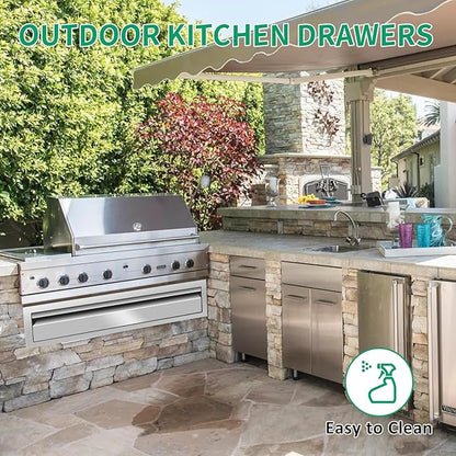 Outdoor Kitchen Drawers 24" W x 6.5" H x 23" D Stainless Steel Single Drawers with Hidden Handle for BBQ Island, Patio Grill Station & Outdoor Kitchen Cabinets