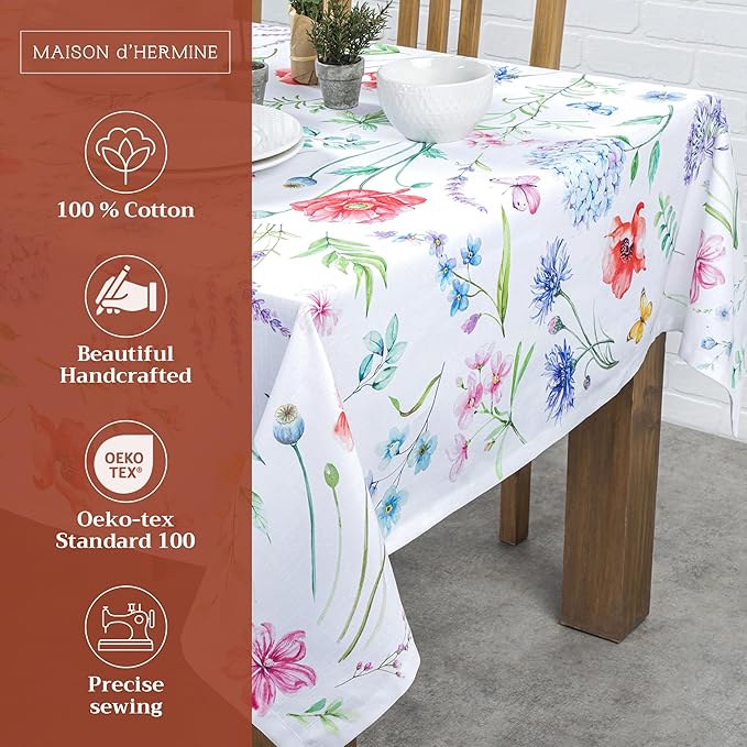 Maison d' Hermine Table Cloth Square Table 100% Cotton 54 x 54 Inches Tablecloth Reusable Decorative Everyday Use for Dining Room, Farmhouse, Home, Party, Festive & Wedding Spring Summer - Just Floral