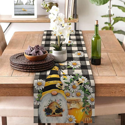 Seliem Spring Bee Gnome Table Runner, Honey Black White Buffalo Plaid Check Home Kitchen Dining Decor, Summer Seasonal Farmhouse Daisy Decorations Indoor Outdoor Anniversary Party Supply 13 x 36 Inch