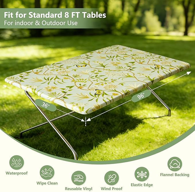 Rectangle Picnic Table Cloth, Elastic Waterproof Fitted Vinyl Tablecloths for 8 Foot Tables, Wipeable Flannel Backed Table Covers for Dining, Camping, Outdoor(Leaves,36"x96")