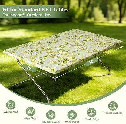 Rectangle Picnic Table Cloth, Elastic Waterproof Fitted Vinyl Tablecloths for 8 Foot Tables, Wipeable Flannel Backed Table Covers for Dining, Camping, Outdoor(Leaves,36"x96")