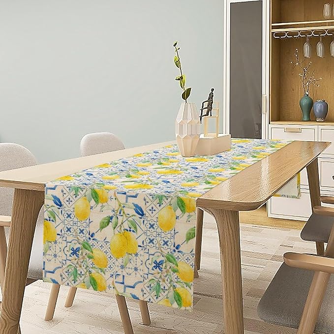 Lemon Table Runner, Summer Fruit Vintage Morocco Blue Tiles Table Runners for Farmhouse Coffee Home Kitchen Dining Party Patio Outdoor 13x60in