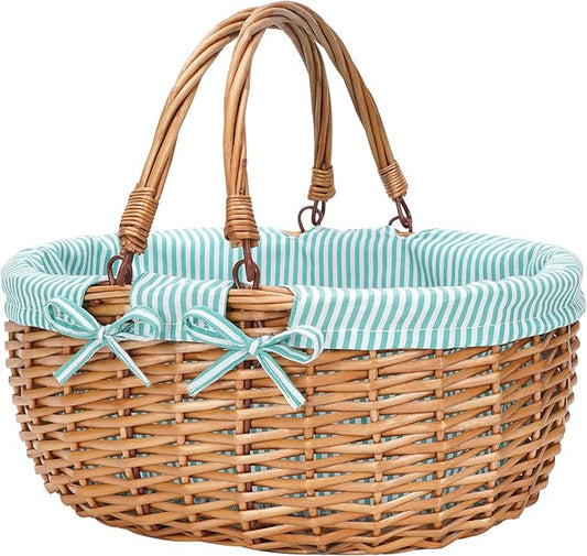 G GOOD GAIN Oval Picnic Basket with Folding Handles, Willow Hand Woven Shopping Basket, Bath Storage Gift Packing Basket, Wicker Empty Easter Eggs and Candy Small Gift Basket.Green