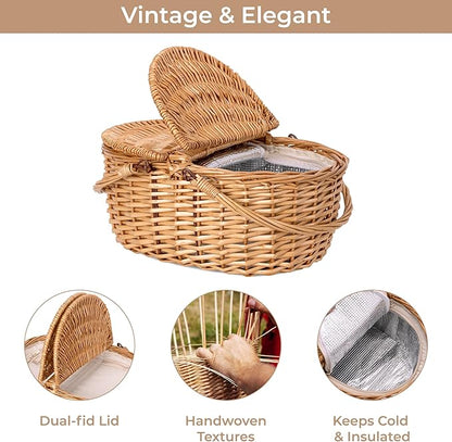 GRANNY SAYS Picnic Basket, Wicker Basket with Insulated Cooler, Woven Cute Basket with Handle, Storage Basket with Washable Lining & Dual-Flid Lid, Natural Willow Picnic Hamper
