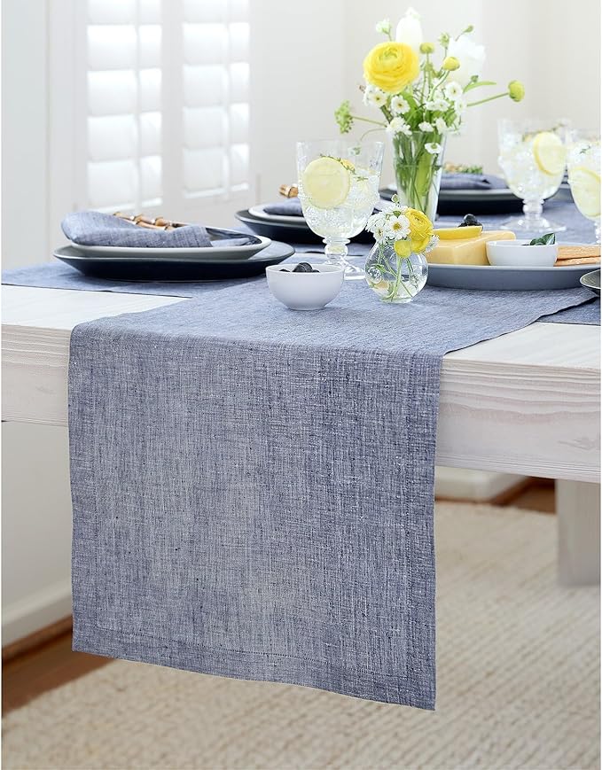 Solino Home Linen Small Table Runner 36 Inches - Athena, 100% Pure Linen Chambray Indigo Table Runner 14 x 36 Inch Ideal for Dresser and Coffee Tables - Winter, Spring, Easter
