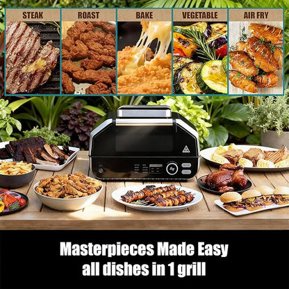 OLIXIS Electric Grill Outdoor/Indoor, 8-in-1 Multifunctional Large Electric BBQ Grill for Air Fry, Bake, Roast, Steak, Broil and Dehydrate, Safe Non-Stick Coating, Fry Basket Included