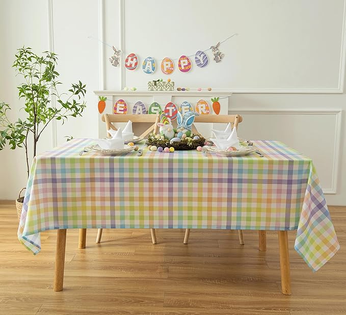 Waterproof Colorful Chequer Tablecloth Fabric - Spring Oblong 52x70 Inch Classic Buffalo Tartan Festive Table Cloth for Indoor Use - Easter Sunday for Dinner, BBQs, and Parties