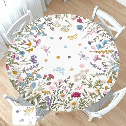 Spring Summer Floral Round Fitted Tablecloth with Elastic Wildflower Butterfly Circle Table Cloth for 40-44" Tables Wipeable Waterproof Farmhouse Easter Flowers Table Cover for Picnic Outdoor Dining