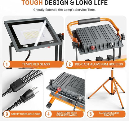Upgraded 21000Lumen LED Work Lights with Stand - 3 Head Adjustable Work Light with 16FT Cord - IP66 Waterproof Tripod Worklights with Individual Switch for Outdoor Indoor Portable & All-round Lighting