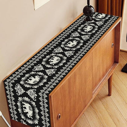 Boho Elephant Table Runner, Rustic Black African Tribe Animal Damask Diwali India Mandala Art Print Coffee Table Center Decor for Home Kitchen Holiday Party Outdoor Table Decorations, 13"x108"
