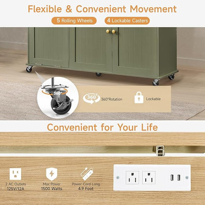 60" Kitchen Island with Power Outlet & Drop Leaf, Kitchen Rolling Island with Spice Rack & Towel Rack, Knife Holder, Kitchen Island Cart with Trash Storage Cabinet, Mobile Island Table for Kitchen