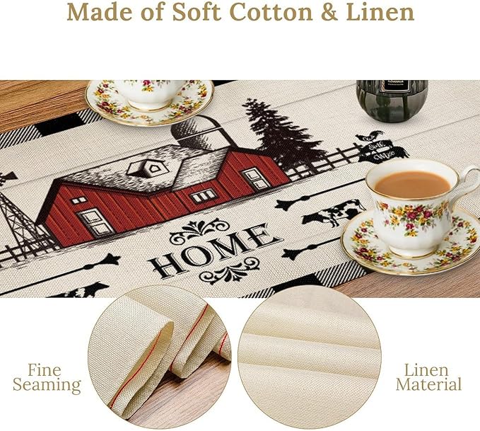 Rooster Table Runners, Black White Buffalo Plaid Rustic Cow Farm Animal Table Runner for Wedding Coffee Dining Table Party Home Farmhouse 13x108in