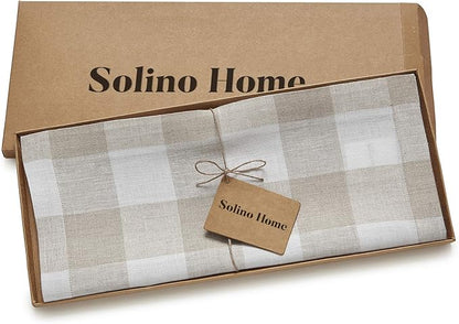 Solino Home Linen Checkered Table Runners 72 Inches Long - 100% Pure Linen Natural and White Buffalo Check Table Runner 14 x 72 Inch Ideal for Dresser, Dining, Spring, Easter