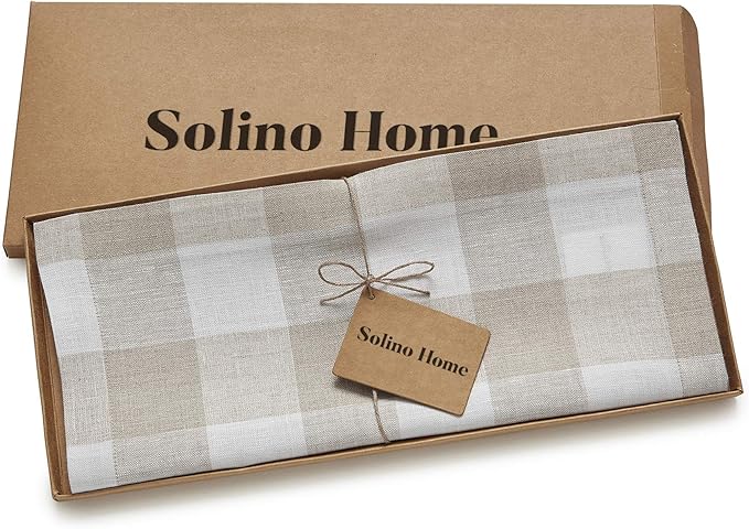 Solino Home Linen Checkered Table Runner 36 Inches - 100% Pure Linen Natural and White Buffalo Check Short Table Runner 14 x 36 Inch Ideal for Dresser and Coffee Tables - Spring, Easter