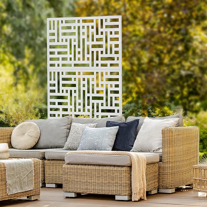 Outdoor Metal Privacy Screen with Stand, 35.4" W x 75" H Freestanding Metal Slatted Decorative Privacy Screen and Panels for Patio Garden Balcony Porch (White A)