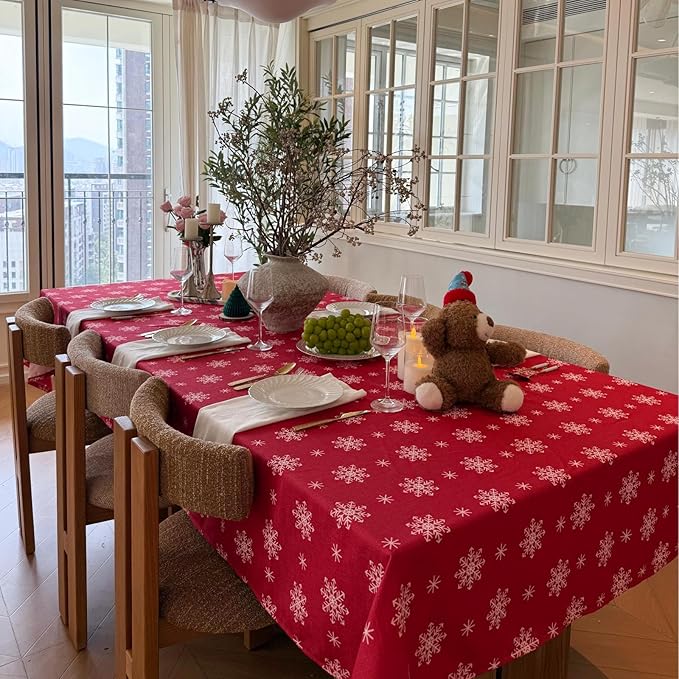 Christmas Red Tablecloth, Rectangle Table Cloh with Snowflake Decorations, Spillproof Cotton Linen Fabric Table Cover for Holiday, Winter, Party - 60''x108''