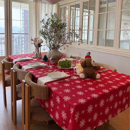 Christmas Red Tablecloth, Rectangle Table Cloh with Snowflake Decorations, Spillproof Cotton Linen Fabric Table Cover for Holiday, Winter, Party - 60''x108''