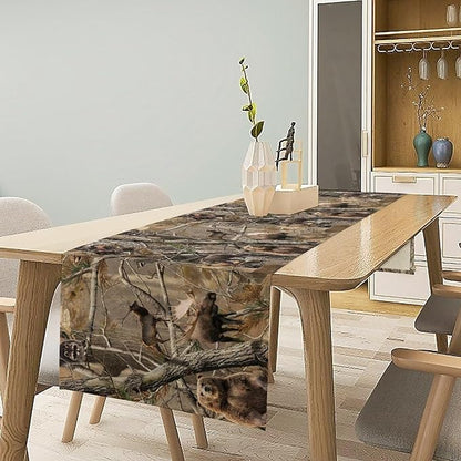 Forest Camouflage Table Runner, Camo Rustic Wildlife Animal Hunting Deer Elk Bird Bear Table Runner for Party Kitchen Dining Banquet 13x70in
