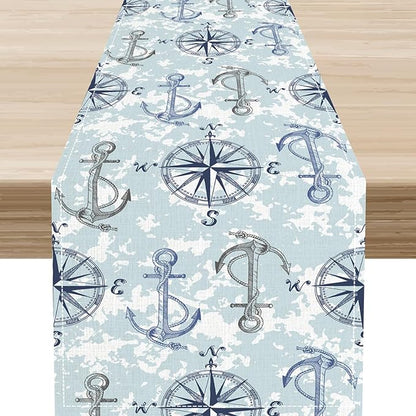 Summer Beach Table Runner, Blue Sea Coastal Nautical Sailboat Map Sketch Compass Ocean Table Runner Seasonal Holiday Home Kitchen Dining Table for Home Party Decor 13"x72"