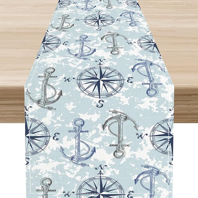 Summer Beach Table Runner, Blue Sea Coastal Nautical Sailboat Map Sketch Compass Table Runner Seasonal Holiday Home Kitchen Dining Table for Home Party Decor 13"x90"