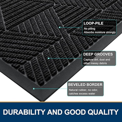 Smiry Half Circle Front Door Mat Outside Entrance, Heavy Duty Sturdy Natural Rubber Doormat, Trap Dirt and Moisture, Low Profile Mats for Indoor Outdoor Entry, Irregular Triangle (36x24, Black)