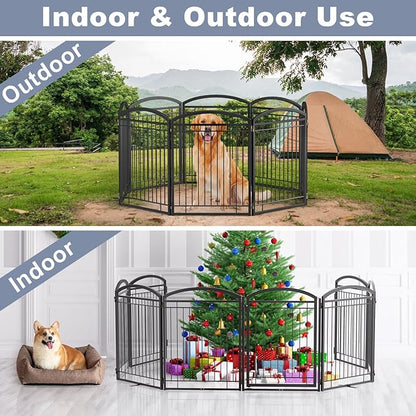 Full Metal Free Standing Dog Gate with Door for Indoor Outdoor,192'' Extra Wide 32'' Tall Dog Gates for Doorways,Large Openings,Decks,Freestanding Portable Pet Fence(8 Panels,Black)