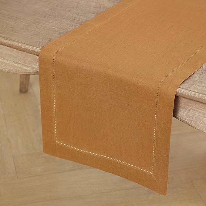 Solino Home Linen Brown Sugar Table Runner 120 Inches Long - 100% Pure Linen 14 x 120 Inch Table Runner - Classic Hemstitch