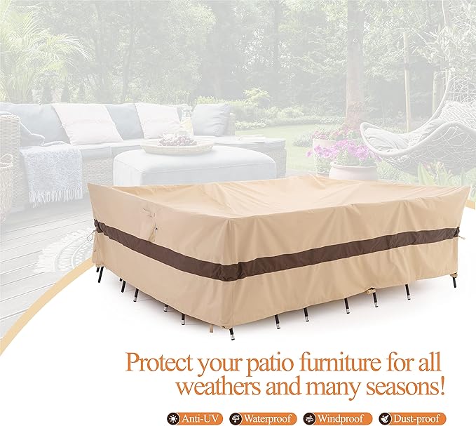 WJ-X3 Large Beige & Coffee Patio Furniture Cover, 108W x 84D x 31H Inches - Waterproof, UV & Wind-Resistant, Anti-Fade - Perfect for Outdoor Table & Chair Sets