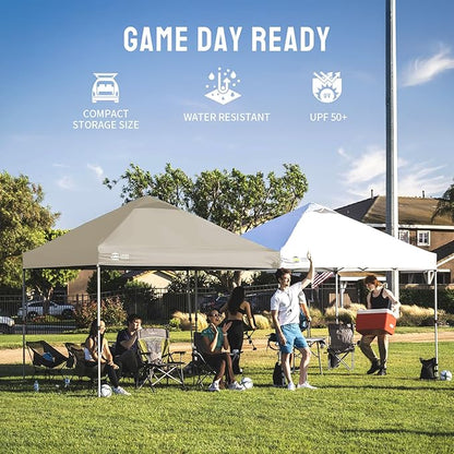 CROWN SHADES 8x8 Pop Up Canopy - Beach Tent with One Push Setup - Easy Outdoor Sun Shade for Events, Parties, Camping - Gazebo with STO-N-Go Cover Bag, Silver Coated Top, Beige