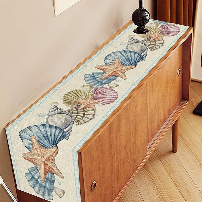 Summer Starfish Table Runner, Blue Check Sea Coastal Seashell Beach Nautical Starfish Ocean Table Runner Seasonal Holiday Home Kitchen Dining Table for Home Party Decor 13"x36"