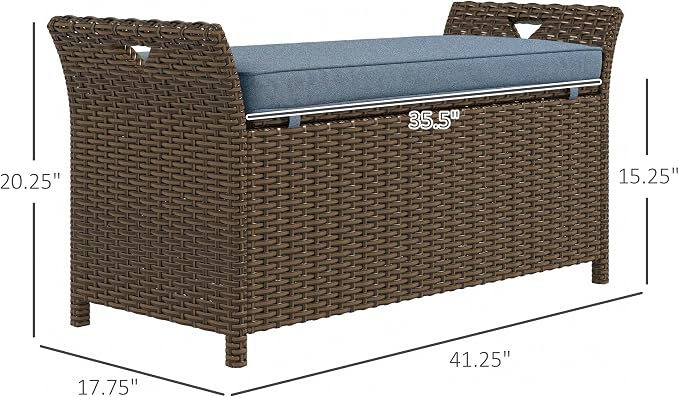 Outsunny 29 Gallon Patio Wicker Storage Bench Outdoor PE Rattan Dark Blue | - Image 3