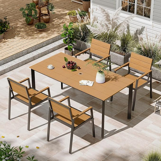 Patio Table and Chairs Set, 5 Piece Outdoor Dining Set with Umbrella Hole, HDPS + Aluminum Patio Furniture Set for Garden (Gray & Teak)