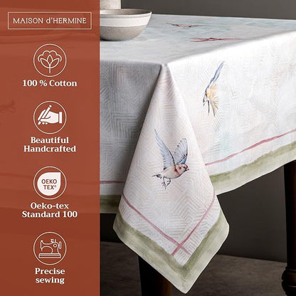 Maison d' Hermine Table Cloth Rectangle Table 100% Cotton 70 x 108 Inches Tablecloth Reusable Decorative for Dining Room, Farmhouse, Home, Party, Festive & Wedding Spring Summer - Flying Birds