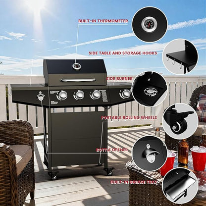40,000 BTU Propane Gas Grill, 3 Burner Gas Grill with Side Burner, Outdoor BBQ Grill with Stainless Steel Grates for Patio, Camping, Outdoor Cooking
